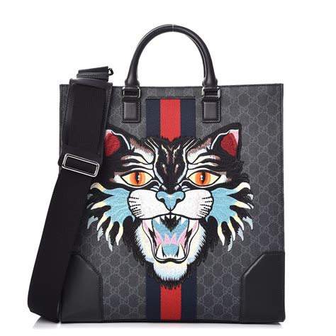 gg supreme tote with embroidered angry cat gucci|Gucci GG Supreme Embroidered Angry Cat Tote .